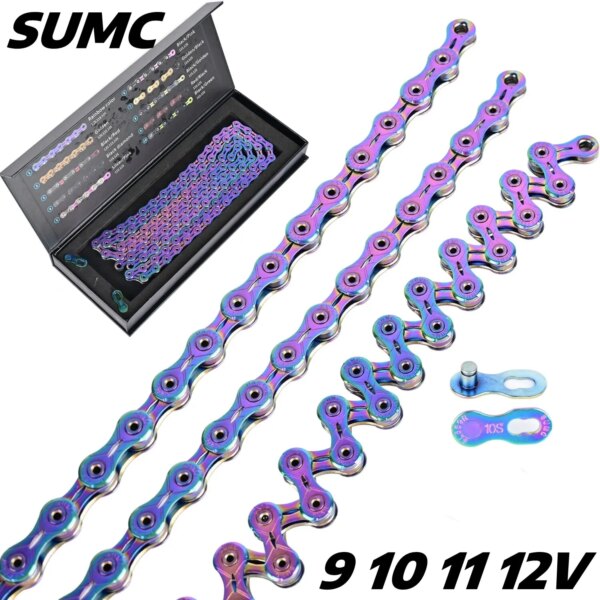 Cadenas de bicicleta SUMC 9/10/11/12 velocidades Arco Iris hueco semihueco hebilla mágica bicicleta de carretera cadena longitud 116/126L peso 250g