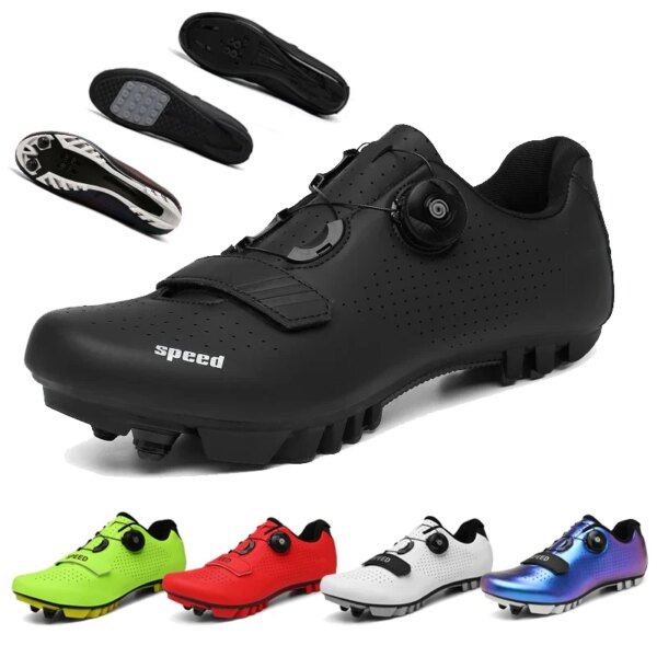 Zapatos de ciclismo para hombre y mujer, zapatillas de deporte para bicicleta de montaña y carretera, zapatos transpirables para bicicleta de carreras, tacos SPD negros, zapatos de velocidad sin cierre