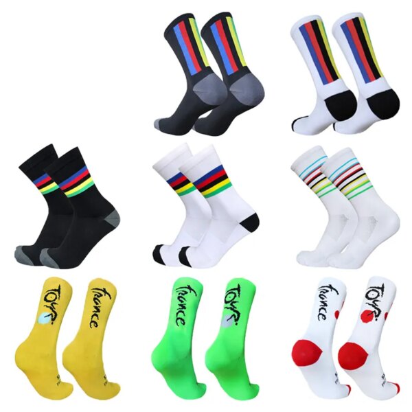 Nuevos Calcetines de Ciclismo hombres mujeres campeón rayas coloridas deportes transpirables compresión bicicleta Calcetines Ciclismo