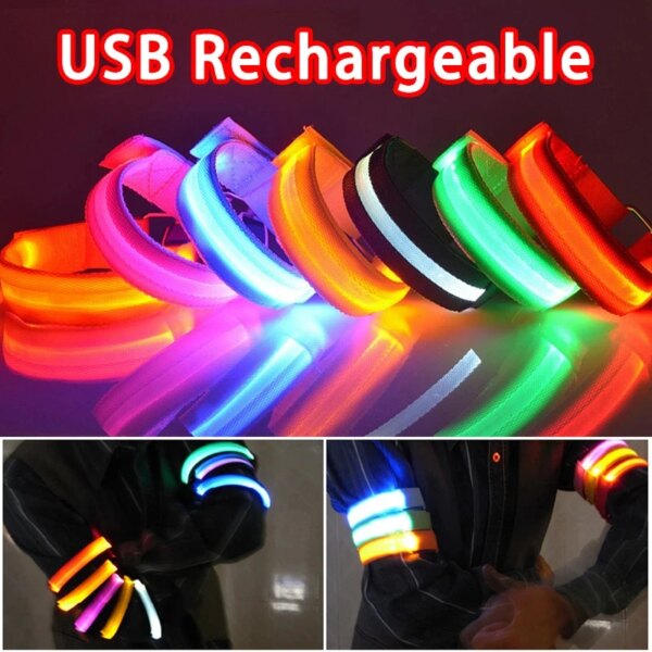 Brazalete para correr de noche, luz LED para deportes al aire libre, cinturón de seguridad recargable por USB, pulsera de advertencia para brazo y pierna, luz para bicicleta y ciclismo