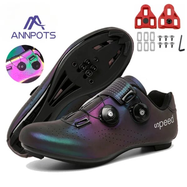 Zapatillas profesionales ultraligeras para hombre, zapatos de ciclismo con doble hebilla, luminosos, para bicicleta de montaña y carretera, con cierre automático