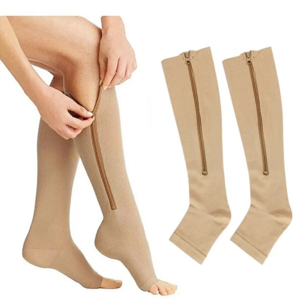 Calcetines de compresión con cremallera para hombre y mujer, medias elásticas para aliviar el dolor, calcetines deportivos de compresión, soporte con punta abierta, 1 par