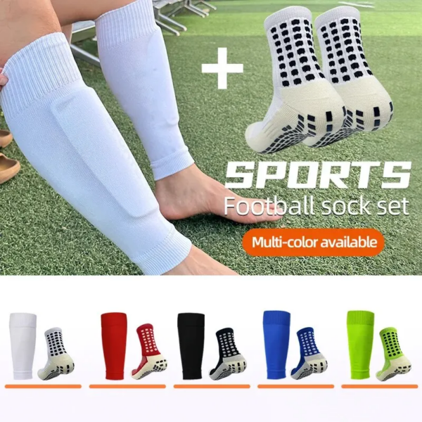 Juego de 2 pares de calcetines de fútbol con agarre para hombre y rodilleras, mangas para pantorrilla, espinilleras antideslizantes para adultos y jóvenes para deportes de baloncesto y fútbol