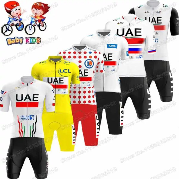 2024 niños UAE equipo ciclismo Jersey Francia TDF conjunto amarillo blanco niños niñas ropa de ciclismo Tadej Pogacar niños traje de bicicleta de carretera