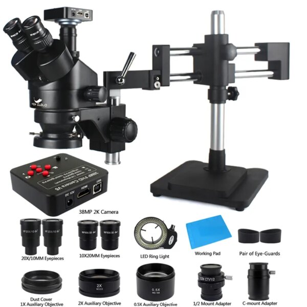 Microscopio estéreo Trinocular Focal con Zoom de doble brazo, 3,5x-90X, 38MP, HDMI, USB, SMD, cámara, herramientas de reparación de PCB de teléfono