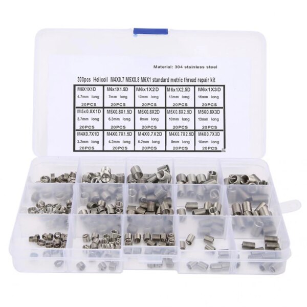 Kit de clasificación de roscas de 300 piezas M4x0.7 M5x0.8 M6x1 Herramienta de reparación de roscas de acero inoxidable combinada