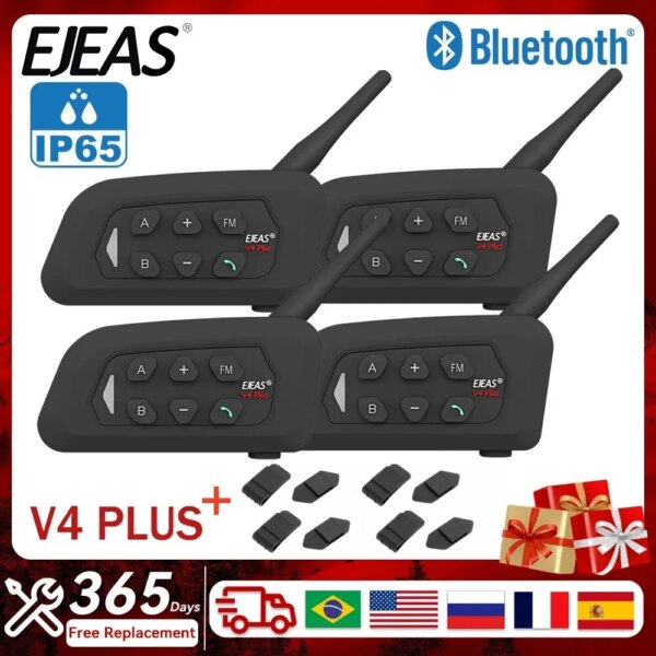 4 Uds EJEAS V4 PLUS casco Intercomunicador Bluetooth 1500M 4 conductores completo y doble Intercomunicador micrófono auriculares impermeables