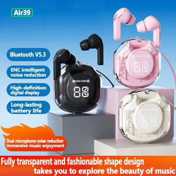 Air39 transparente ENC juego de reducción de ruido auriculares Bluetooth batería de larga duración Bluetooth 5,3 auriculares con luces de respiración