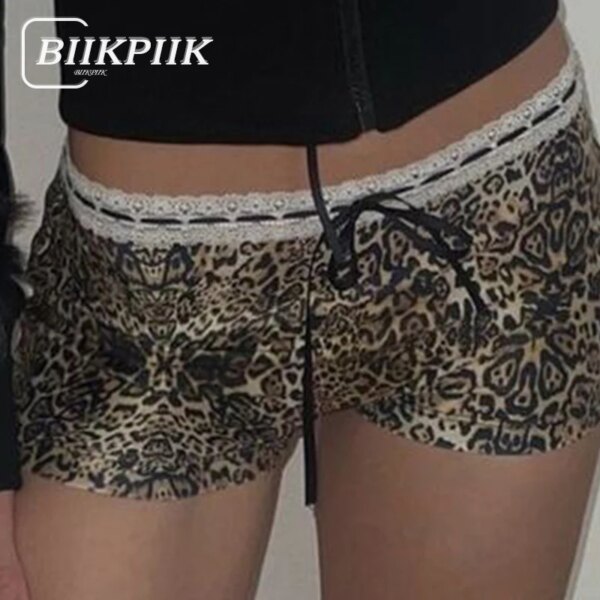 BIIKPIIK, pantalones cortos sexis con estampado de leopardo y lazo de encaje para mujer, prendas de vestir exteriores, calzoncillos de moda, ropa inferior de cintura baja, ropa deportiva que combina con todo