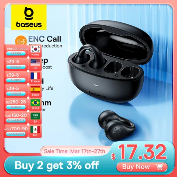 Baseus AirGo AS01 auriculares inalámbricos con clip para la oreja auriculares Bluetooth 5,3 2 MIc ENC HD llamada reducción de ruido auriculares deportivos