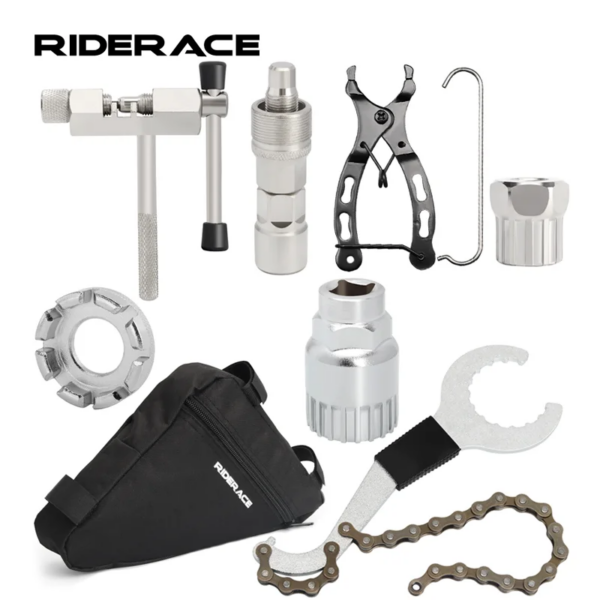 Kits de herramientas de reparación de bicicletas con bolsa de ciclismo, cortador de cadena, removedor de soporte inferior, extractor de manivela, llave de radios