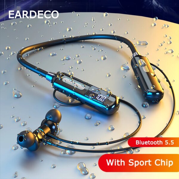 EARDECO con chip deportivo, auriculares Bluetooth, auriculares inalámbricos de graves con micrófono, auriculares con banda para el cuello, cronómetro de calorías y pasos