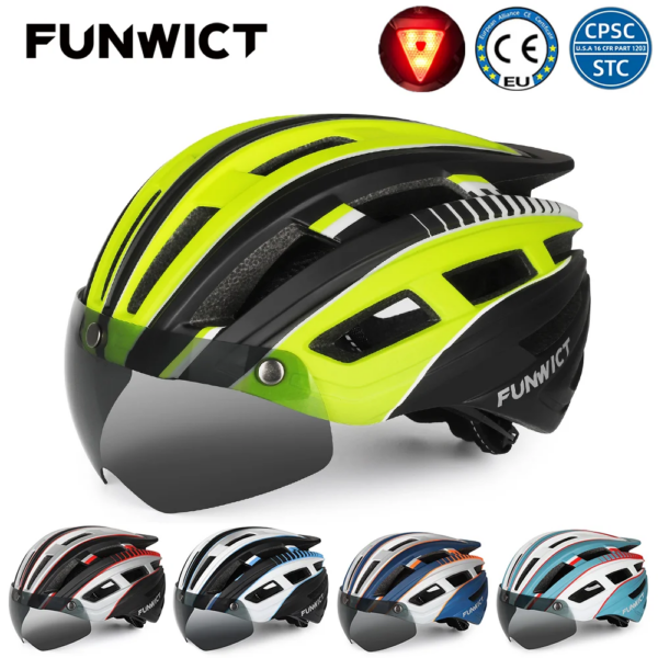 FUNWICT MTB casco de ciclismo gafas visera luz trasera bicicleta de carretera seguridad para hombres motocicleta Scooter montaña cascos de bicicleta de carreras