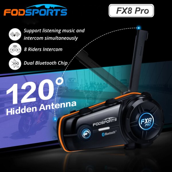 Fodsports FX8 Pro Intercomunicador casco de motocicleta auriculares 8 conductores Dual Bluetooth Intercomunicador Moto música compartir interfono