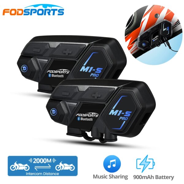 Fodsports M1-S Pro Intercomunicador de motocicleta Bluetooth casco auriculares 6 conductores grupo hablar 2000m Intercomunicador Moto Biker Interphone