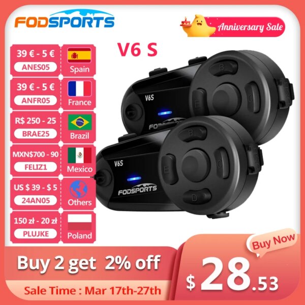 Fodsports V6S casco intercomunicador motocicleta Bluetooth auriculares 1000m IP65 impermeable 6 jinete inalámbrico interfono BT5.0 Radio FM