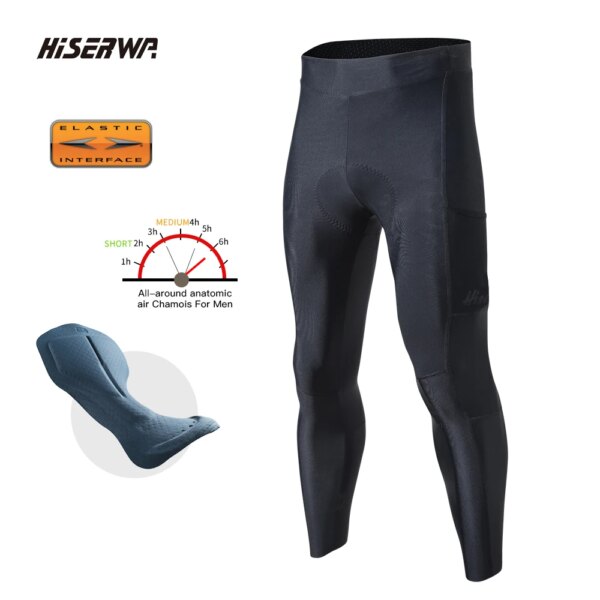 HISERWA-mallas de ciclismo para hombre, pantalones largos, medias para bicicleta de montaña y carretera, acolchadas, con interfaz elástica italiana, primavera y otoño