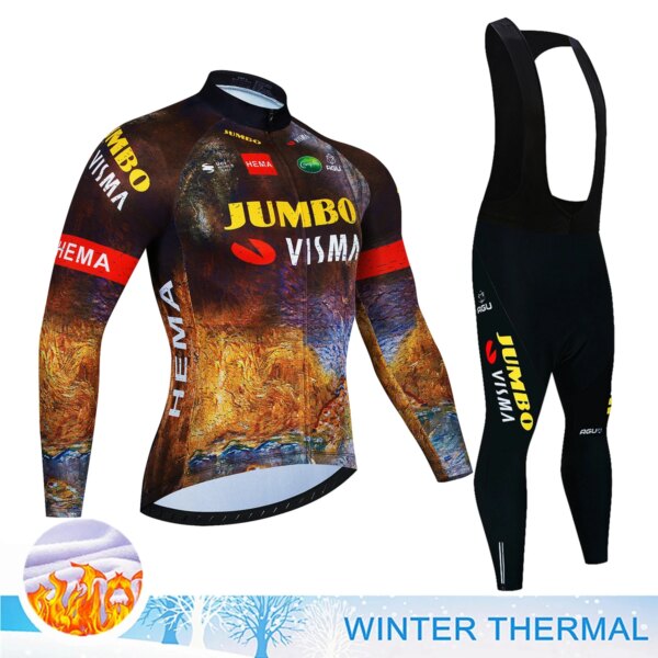 JUMBO VISMA-pantalones con tirantes de ciclismo para hombre, Jersey de bicicleta para hombre, ropa de lana 2024, chaqueta térmica de invierno con corte láser, conjunto deportivo