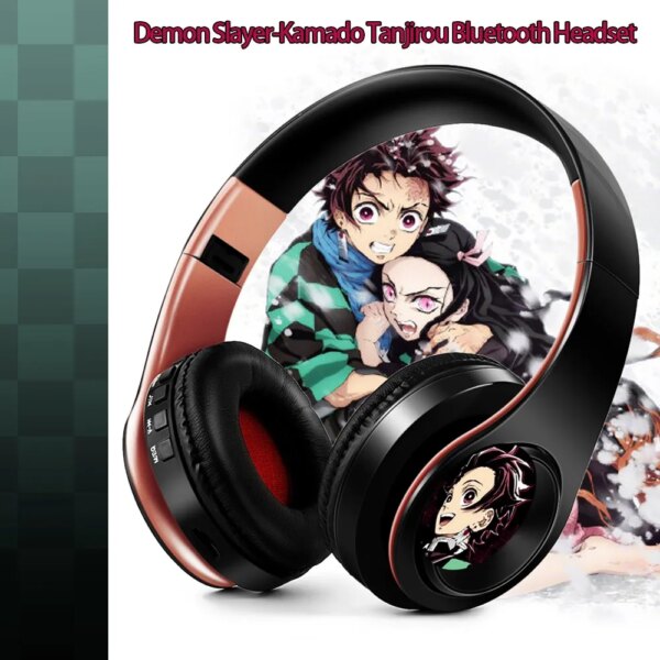 Auriculares de Anime japonés Demon Slayer Kimetsu No Yaiba Kamado Tanjirou Cosplay auriculares Bluetooth con micrófono compatible con tarjeta TF