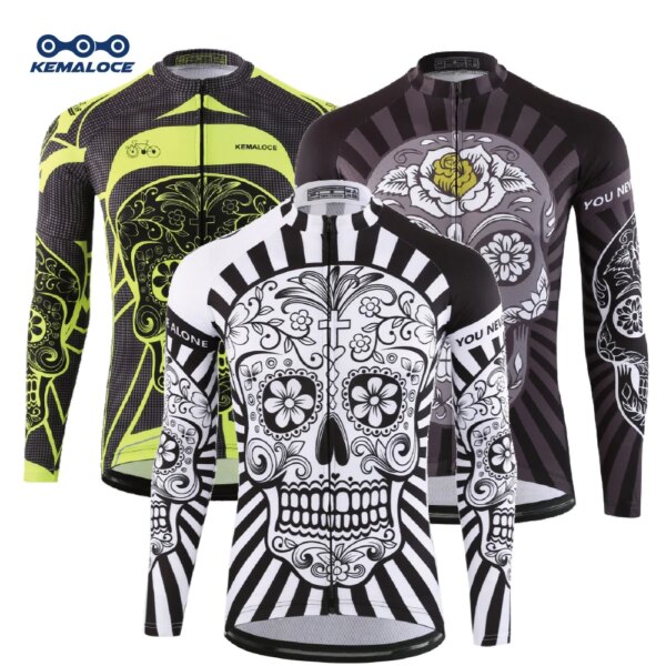 KEMALOCE 2023 otoño Pro manga larga ciclismo Jersey cráneo Retro hombres manga completa ciclos camisa desgaste equipo hombres bicicleta Jersery