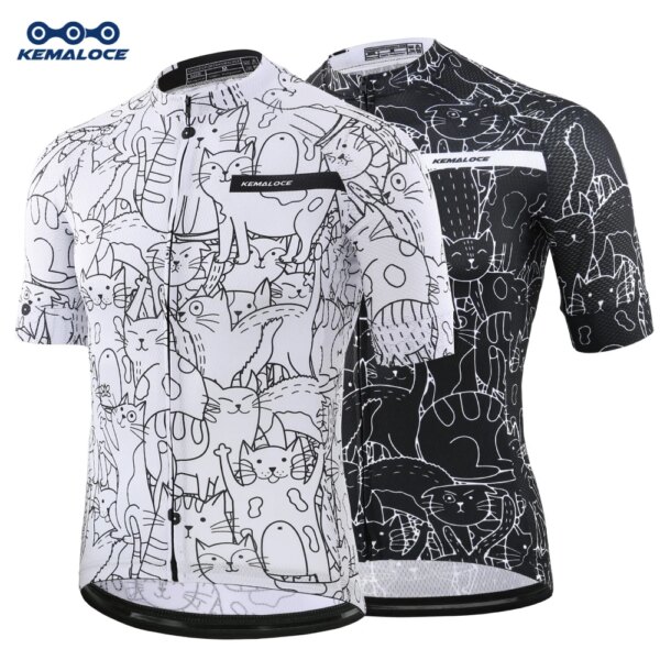 KEMALOCE transpirable Unisex blanco dibujos animados gato ciclismo Jersey primavera Anti-Pilling ropa de bicicleta ecológica Top equipo de carretera bicicleta