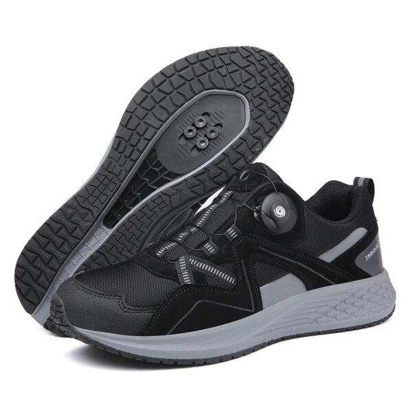 Zapatos de ciclismo de cuero para hombre y mujer, zapatillas de deporte de carbono para bicicleta de montaña, transpirables, con autosujeción, planas, para entrenamiento y carreras, 47