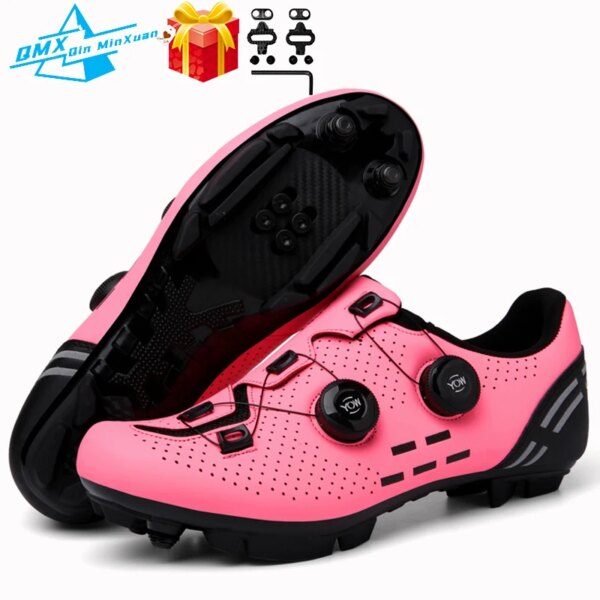 Zapatos de ciclismo Mtb para mujer, zapatillas de bicicleta de carretera con tacos de ruta rosas, zapatillas de deporte antideslizantes para exteriores con autosujeción para competición de bicicleta 36-48 #