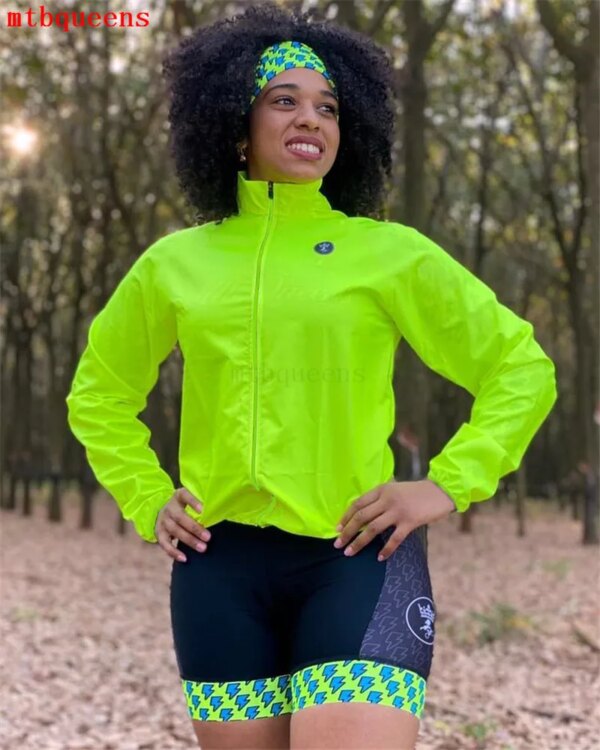 Mtbqueens-Chaqueta impermeable para ciclismo al aire libre, manga larga, verde fluorescente, camiseta fina de Motocross para mujer, cortavientos
