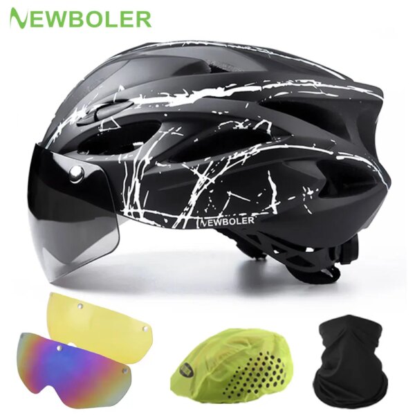 NEWBOLER-casco de ciclismo para hombre y mujer, casco de seguridad para exteriores, motocicleta, bicicleta, lente extraíble, visera, Casco de Bicicleta de carretera de montaña