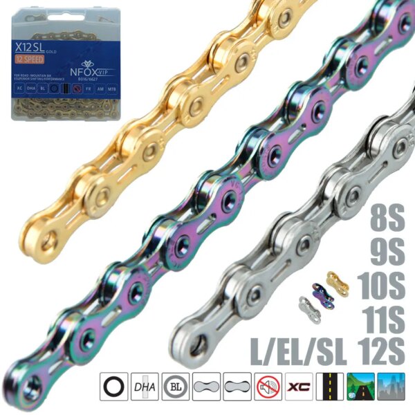 Cadena de bicicleta de carretera de montaña NFOX X 8 9 10 11 12 24 30 33 velocidades EL medio hueco SL enlaces ultraligeros MTB Racing oro plata