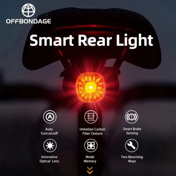 OFFBONDAGE-luz de freno de bicicleta inteligente, luz trasera IPx6 tipo C, luz trasera de bicicleta, luz LED de advertencia de conducción con parada automática