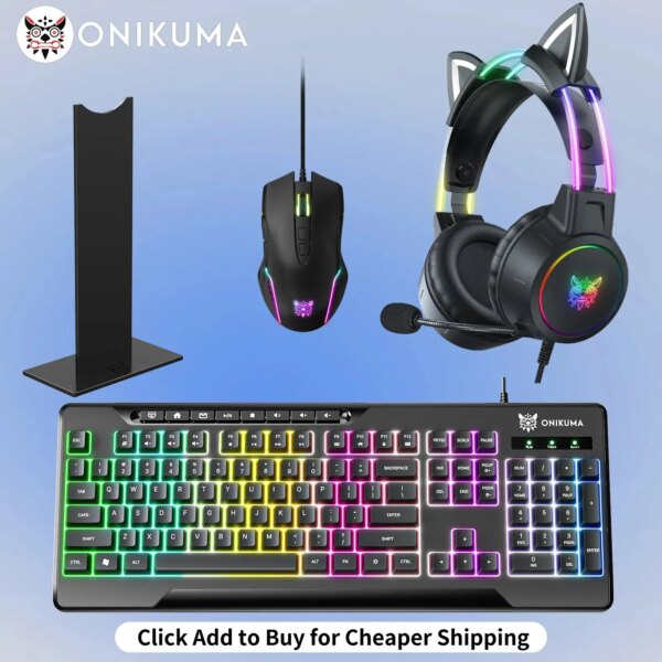 ONIKUMA-auriculares para juegos con luz RGB dinámica, soporte para ratón con orejas de gato desmontable, paquete de deportes electrónicos, auriculares con cable y micrófono para PC