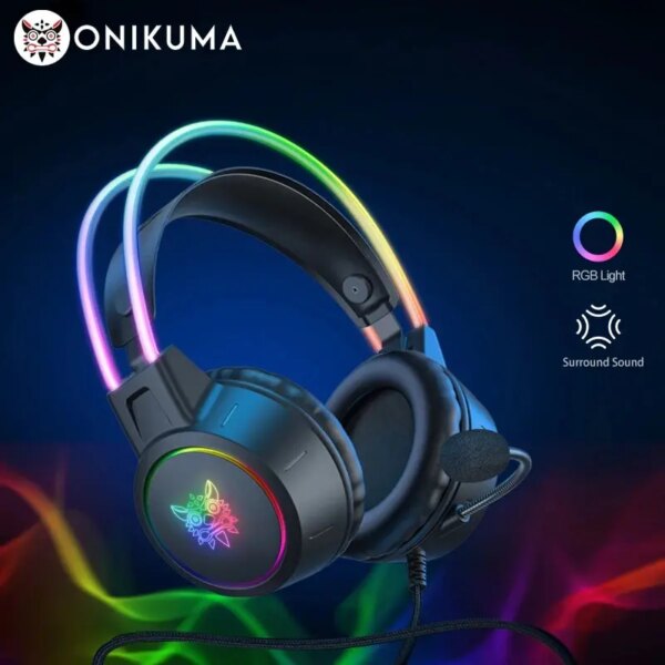 ONIKUMA X15 Pro-auriculares supraaurales para videojuegos, con cancelación de cable, orejas de gato rosa, luz Rgb con micrófono para PC, PS4