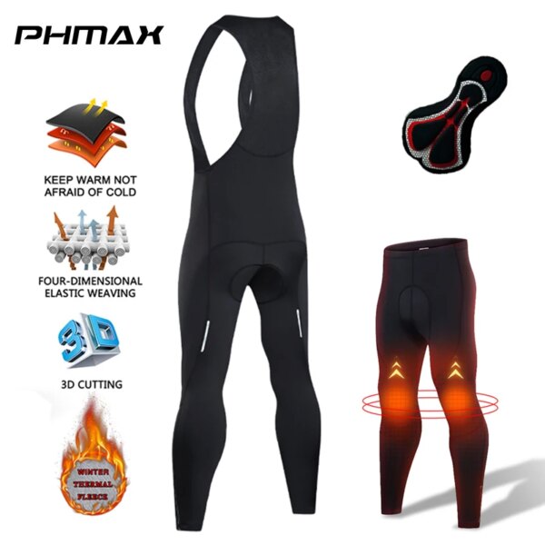 PHMAX-pantalones con tirantes de ciclismo de lana para hombre, tira reflectante con cremallera, mallas térmicas para bicicleta de montaña, pantalones con almohadilla de esponja 5D