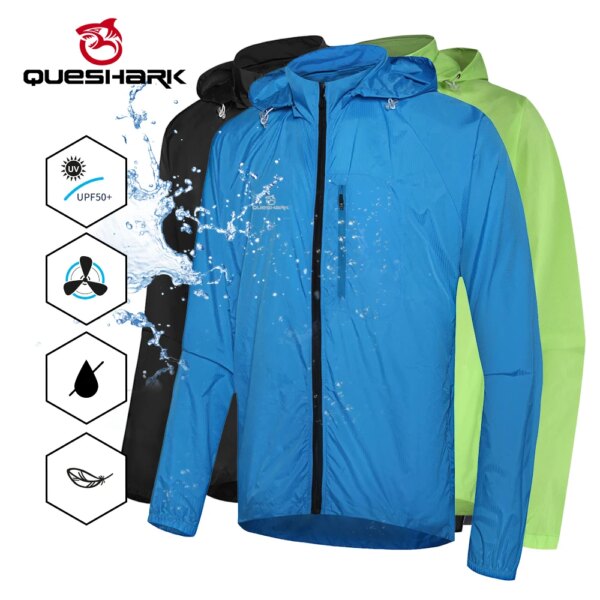 QUESHARK-Chaqueta de ciclismo ultraligera para hombre, resistente al viento, impermeable, cortavientos de manga larga para bicicleta de montaña, sombrero desmontable, abrigo para bicicleta, Jersey