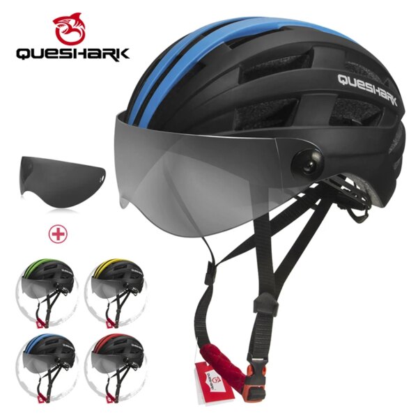 QUESHARK hombres mujeres ultraligero ciclismo casco MTB bicicleta de carretera motociclismo lente transparente extraíble tapa segura QE116