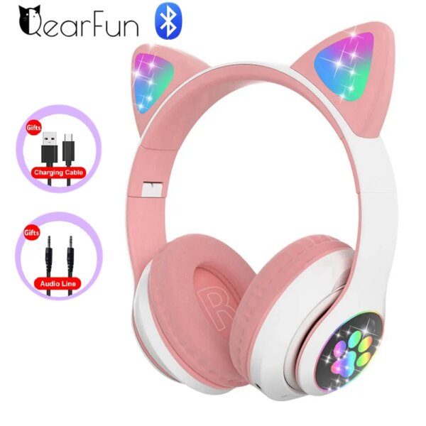 Qearfun-auriculares inalámbricos con oreja de gato y luz Flash, cascos con micrófono que se pueden cerrar, LED, estéreo, música, teléfono, Bluetooth, para jugadores