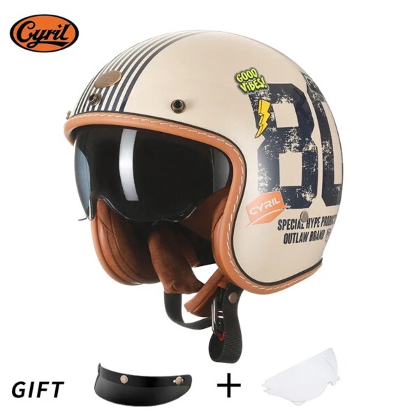 CYRIL B206 Casco Jet Retro 3/4 de Cara Abierta para Hombres y Mujeres, Casco Jet Vintage Ligero para Adultos, Aprobado por DOT ECE