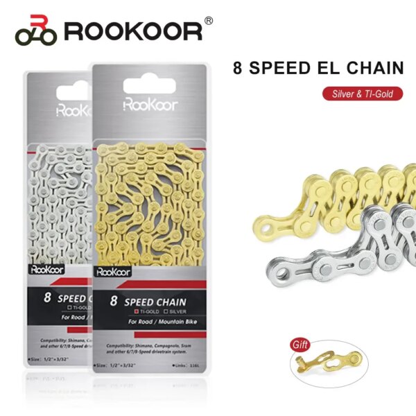 Rookoor MTB bicicleta de carretera 6 7 8 velocidades cadena de bicicleta chapada en titanio 6 S 7 S 8 S cadenas 116L ciclismo hueco oro plata accesorios de bicicleta