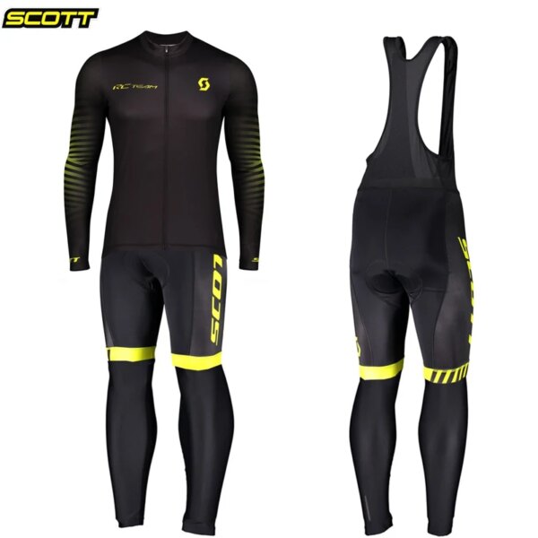 SCOTT Ciclismo Jersey Hombre Pantalones de manga larga Conjunto Maillot Skinsuit Hombres Ropa de bicicletas Babero Traje de otoño Acolchado de bicicleta