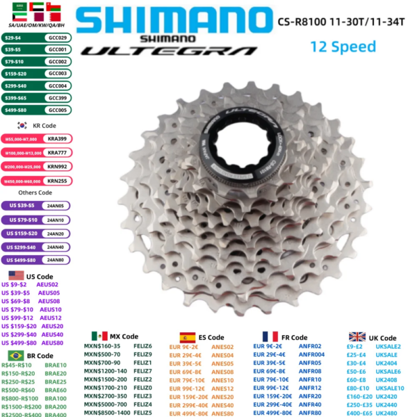 Piñón de Cassette SHIMANO ULTEGRA R8100 11-30T/11-34T CS-R8100 de 12 velocidades 12 S para accesorios de bicicleta de rueda libre de bicicleta de carretera