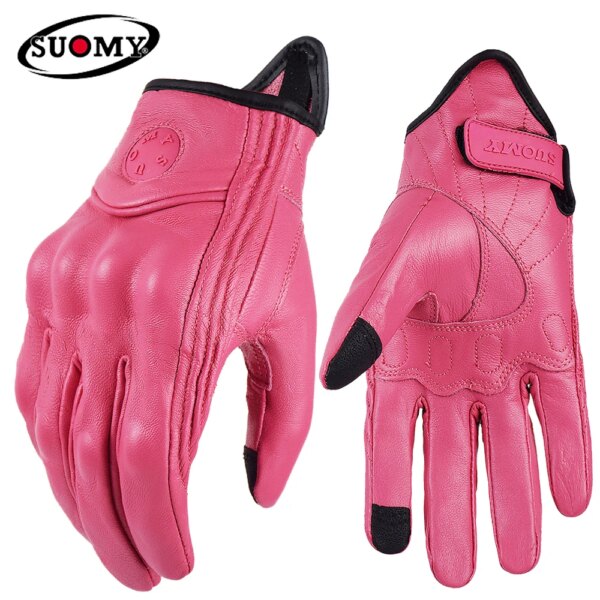 SUOMY Guantes de cuero para motocicleta para mujer, guantes transpirables de verano para Moto GP, guantes de ciclismo Retro con dedos completos, color rosa, XS-XXL