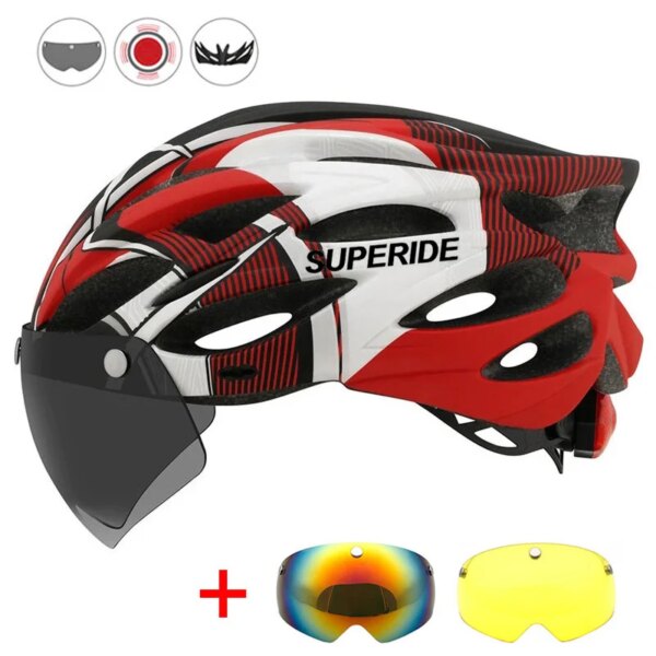 SUPERIDE-casco de ciclismo para hombre y mujer, con luz trasera, deportivo, para bicicleta de montaña y carretera, con gafas y visera