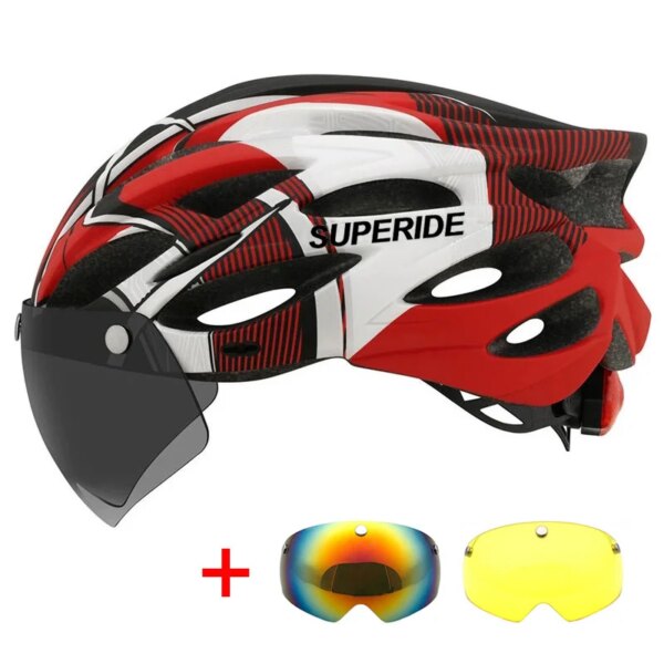 SUPERIDE Casco de bicicleta de montaña de carretera con luz trasera 3 en 1 Casco de ciclismo con gafas y visera Casco deportivo para bicicleta MTB