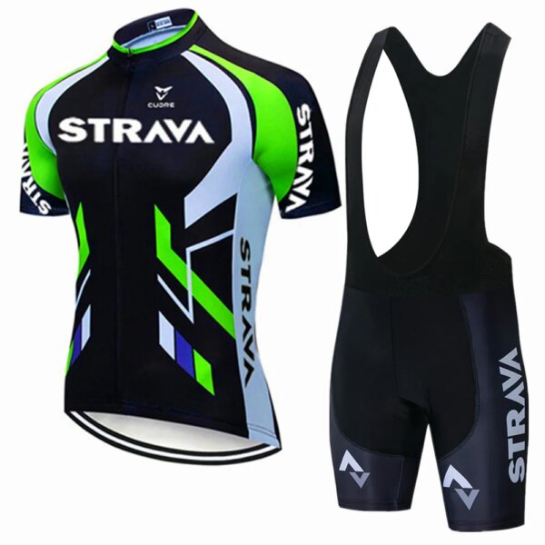 Strava-Conjunto de Jersey de ciclismo para hombre, Maillot de ciclismo, camiseta de verano, pantalones cortos con pechera, traje de triatlón, ropa para bicicleta de montaña