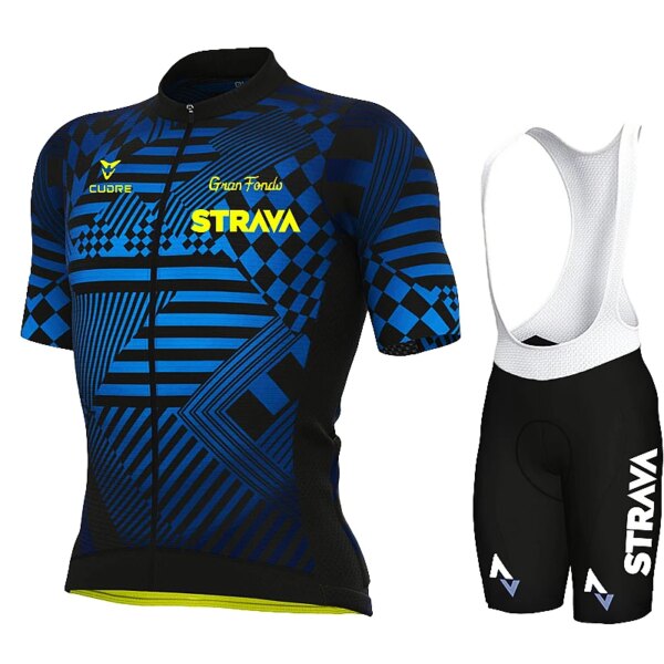 Conjunto de Jersey de Ciclismo Strava, pantalones cortos con pechera para Hombre, pantalones cortos para bicicleta, ropa de Ciclismo de manga, Maillot de Ciclismo para Hombre, conjuntos negros para MTB