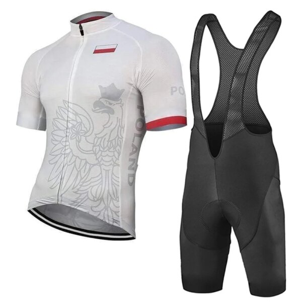 Equipo de Polonia, camisetas de ciclismo blancas para hombre, kit de bicicleta escolar, camisa roja, conjuntos de manga corta, ropa de bicicleta, pantalones con pechera, ropa de paseo