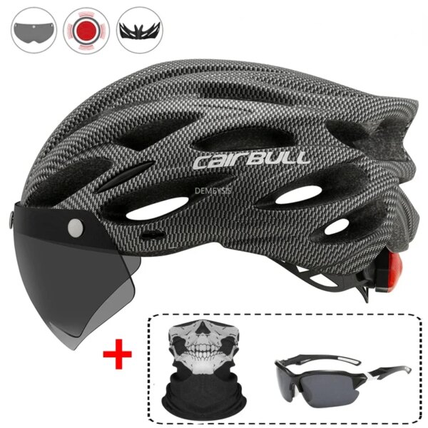 Casco de seguridad en ciclismo ultraligero para exteriores, casco con luz trasera para motocicleta y bicicleta, visera de lente extraíble, Casco de Bicicleta de carretera de montaña