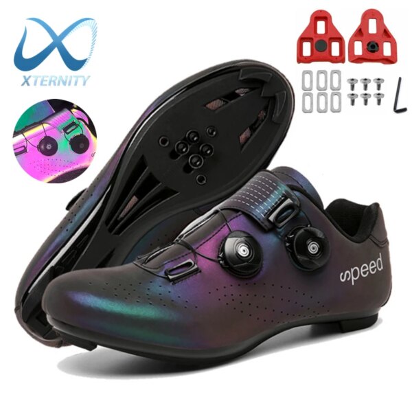 Zapatos de ciclismo ultraligeros con doble hebilla para hombre, zapatillas luminosas para bicicleta de carretera, con tacos de bicicleta con autosujeción, zapatillas profesionales