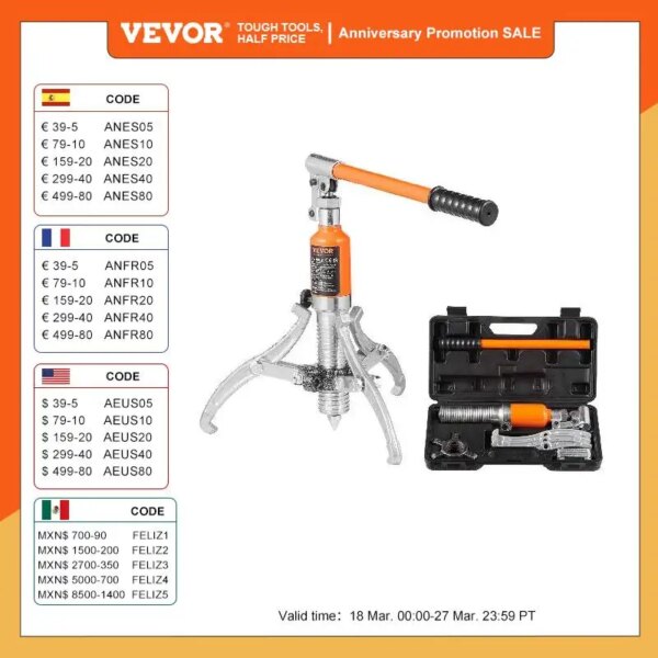 VEVOR, extractor de engranajes hidráulicos de 5/15 toneladas, extractor de cojinetes de rueda, herramientas separadoras ajustables, dos y tres mandíbulas para engranajes de taller de reparación de garaje